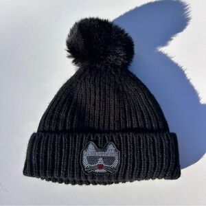 Karl Lagerfeld Designer Winter Hat Black Pom Beanie Choupette cat Rhinestone